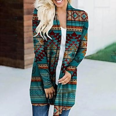 Women's Coat Casual Jacket Daily Fall Long Coat V Neck Regular Fit Warm Casual Jacket Long Sleeve Geometric Print Green Blue miniinthebox