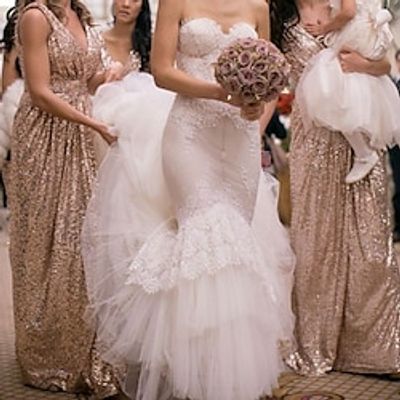 A-Line Bridesmaid Dress V Neck Sleeveless Glitter  Sparkle Floor Length Sequined with Ruching 2022 Lightinthebox