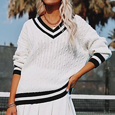 Women's Pullover Sweater Modern Style Plaid / Check Casual Long Sleeve Sweater Cardigans V Neck Fall Winter White Black miniinthebox