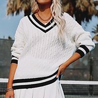 Women's Pullover Sweater Modern Style Plaid / Check Casual Long Sleeve Sweater Cardigans V Neck Fall Winter White Black miniinthebox - thumbnail
