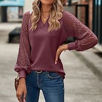 T shirt Tee Women's Black White Pink Solid  Plain Color Lace Daily Fashion V Neck Regular Fit S Lightinthebox - thumbnail
