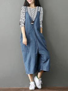 Vintage Strap Pocket Denim Blue Jumpsuit