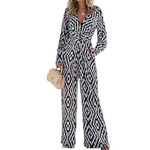 Women's Jumpsuit Lace up Pocket Geometric V Neck Casual Daily Holiday Regular Fit Long Sleeve White S M L Winter Lightinthebox