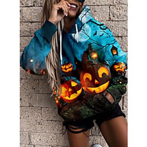 Women's Hoodie Sweatshirt 3D Pumpkin Front Pocket Print Halloween Sports 3D Print Streetwear Halloween Hoodies Sweatshirts  Blue miniinthebox