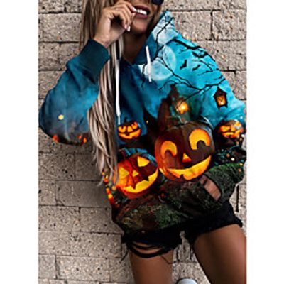 Women's Hoodie Sweatshirt 3D Pumpkin Front Pocket Print Halloween Sports 3D Print Streetwear Halloween Hoodies Sweatshirts  Blue miniinthebox