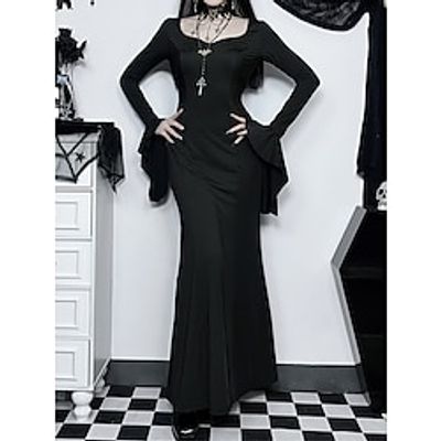 Women's Prom Dress Party Dress Sheath Dress Long Dress Maxi Dress Black Long Sleeve Pure Color Ruffle Spring Fall Winter U Neck Fashion Winter Dress Halloween Birthday 2023 S M L Lightinthebox