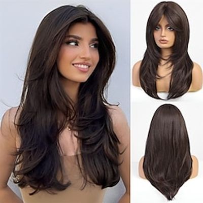 Brown Wigs for Women Long Layered Wigs with Curtain Bangs Heat Resistant Synthetic Fibre Wigs Christmas Party Wigs Lightinthebox