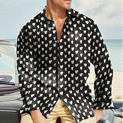Men's Shirt Polka Dot Heart Turndown Black White Outdoor Street Long Sleeve Print Clothing Apparel Fashion Streetwear Designer Casual miniinthebox