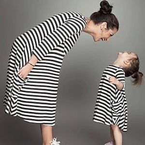 Mommy and Me Dresses Striped Sports Patchwork Black Long Sleeve Midi Casual Matching Outfits / Fall / Spring / Cute / Print miniinthebox