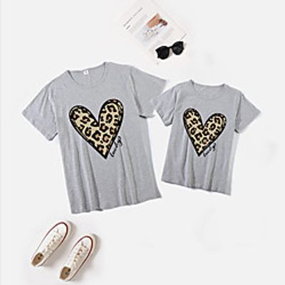 Mommy and Me Valentines Tops Cotton Heart Leopard Daily Print White Pink Wine Short Sleeve Basic Matching Outfits / Summer / Cute miniinthebox