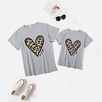 Mommy and Me Valentines Tops Cotton Heart Leopard Daily Print White Pink Wine Short Sleeve Basic Matching Outfits / Summer / Cute miniinthebox - thumbnail