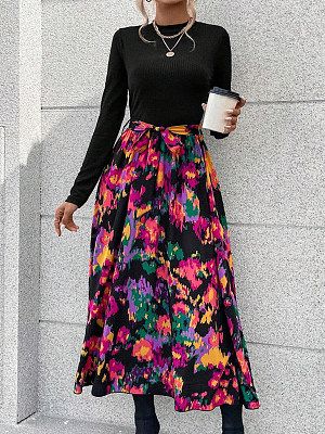 Women's Retro Floral Print Pleated Long-sleeved Maxi Dress Women's Retro Floral Print Pleated Long-sleeved Maxi Dress