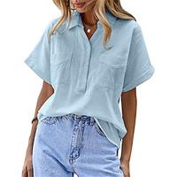 Women's Shirt Blouse Cotton Linen Plain Daily Button Pocket Black Short Sleeve Casual Shirt Collar Summer Lightinthebox