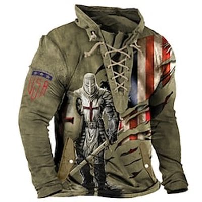 Men's Sweatshirt Pullover Blue Purple Yellow Dark Gray Brown Standing Collar Knights Templar Graphic Prints Lace up Sports  Outdoor Casual Daily 3D Print Basic Streetwear Designer Spring   Fall Lightinthebox