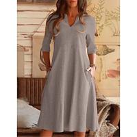 Women's Casual Midi Dress 3/4 Sleeve Split Neck Pockets Summer Spring Cotton Linen Blend Loose Fit Black Blue Gray S M L XL 2XL Lightinthebox