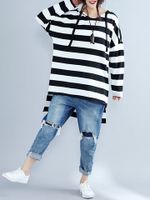 Casual Striped Long Sleeve Hooded High Low Blouse For Women