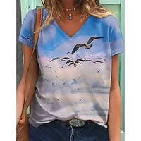 Women's Painting T shirt Graphic Bird Print V Neck Basic Holiday Hawaiian Tops Blue / 3D Print miniinthebox - thumbnail