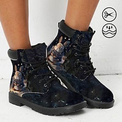 Women's Boots Print Shoes Combat Boots Animal Print Outdoor Daily Animal Patterned 3D Pets Booties Ankle Boots Winter Flat Heel Round Toe Closed Toe Fashion Casual Faux Leather Lace-up Dark Blue miniinthebox