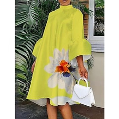 Women's Casual Dress Swing Dress Floral Polka Dot Print Stand Collar Flared Sleeve Midi Dress Fashion Streetwear Outdoor Daily 34 Length Sleeve Loose Fit Yellow Orange Green Fall Winter S M L XL 2XL Lightinthebox