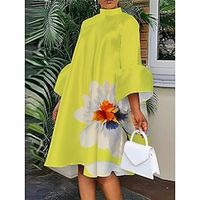 Women's Casual Dress Swing Dress Floral Polka Dot Print Stand Collar Flared Sleeve Midi Dress Fashion Streetwear Outdoor Daily 34 Length Sleeve Loose Fit Yellow Orange Green Fall Winter S M L XL 2XL Lightinthebox - thumbnail