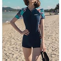 Women's Rashguard Swimsuit UV Sun Protection Breathable Quick Dry Short Sleeve Swimwear Bathing Suit Front Zip Swimming Surfing Water Sports Floral / Botanical Summer miniinthebox - thumbnail