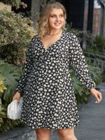 YOINS Plus Size V-neck Calico Tie-up Design Long Sleeves Mini Dress - thumbnail