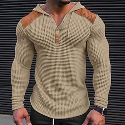 Men's T shirt Tee Waffle Henley Shirt Tee Top Long Sleeve Shirt Color Block Hooded Street Vacation Long Sleeve Patchwork Clothing Apparel Fashion Designer Basic Lightinthebox