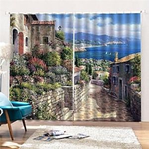 Blackout Curtain Drape Oil Painting in Ancient European Coastal Towns with Flowers and Walls Light-proof Curtains Waterproof and Hole-free Installation miniinthebox