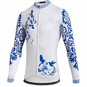 21Grams Floral Botanical Men's Long Sleeve Cycling Jersey - BlueWhite Bike Jersey Top Thermal Warm UV Resistant Anatomic Design Sports Winter Summer Fleece 100% Polyester Mountain Bike MTB Road Bike miniinthebox