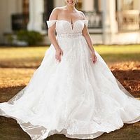 Engagement Princess Wedding Dresses Court Train Formal Plus Size Curve Cap Sleeve Off Shoulder Satin With Beading Appliques 2023 Bridal Gowns Lightinthebox - thumbnail