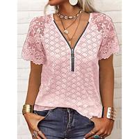 Shirt Blouse Women's White Pink Blue Plain Lace Quarter Zip Street Daily Fashion V Neck Regular Fit S Lightinthebox