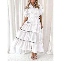 Women's White Dress Casual Dress Swing Dress Maxi Dress Lace up Button Date Vacation Streetwear Maxi Shirt Collar Half Sleeve Black White Pink Color Lightinthebox