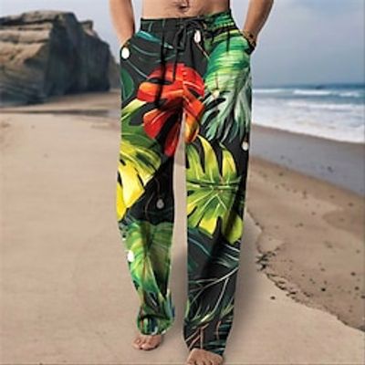 Leaf Casual Men's 3D Print Linen Pants Pants Trousers Outdoor Daily Wear Streetwear Polyester Yellow Blue Purple S M L Medium Waist Elasticity Pants Lightinthebox