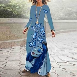 Women's Casual Dress Swing Dress Long Dress Maxi Dress Blue Purple Pink Long Sleeve Butterfly Print Winter Fall Autumn Crew Neck Fashion Winter Dress Fall Dress 2022 S M L XL XXL 3XL 4XL 5XL miniinthebox