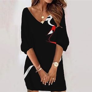 Women's Casual Dress Bodycon Short Mini Dress White Black 3/4 Length Sleeve Abstract Print Fall Winter V Neck Casual Vacation 2022 S M L XL XXL 3XL miniinthebox