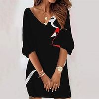 Women's Casual Dress Bodycon Short Mini Dress White Black 3/4 Length Sleeve Abstract Print Fall Winter V Neck Casual Vacation 2022 S M L XL XXL 3XL miniinthebox - thumbnail