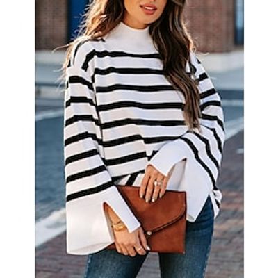Women's Pullover Sweater Jumper Stand Collar Ribbed Knit Acrylic Patchwork Flare Cuff Sleeve Fall Winter Regular Outdoor Daily Going out Stylish Casual Soft Long Sleeve Striped Black White Blue S M L miniinthebox Women's Pullover Sweater Jumper Stand Collar Ribbed Knit Acrylic Patchwork Flare Cuff Sleeve Fall Winter Regular Outdoor Daily Going out Stylish Casual Soft Long Sleeve Striped Black White Blue S M L miniinthebox