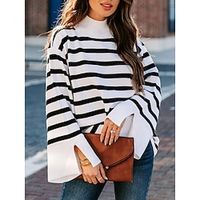 Women's Pullover Sweater Jumper Stand Collar Ribbed Knit Acrylic Patchwork Flare Cuff Sleeve Fall Winter Regular Outdoor Daily Going out Stylish Casual Soft Long Sleeve Striped Black White Blue S M L miniinthebox - thumbnail