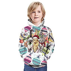 Kids Boys' Hoodie  Sweatshirt Long Sleeve Cat 3D Print Floral Christmas Animal Print White Children Tops Summer Active Daily Wear Christmas Regular Fit 3-13 Years miniinthebox
