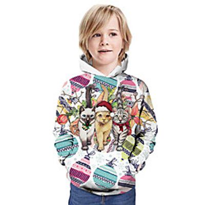 Kids Boys' Hoodie  Sweatshirt Long Sleeve Cat 3D Print Floral Christmas Animal Print White Children Tops Summer Active Daily Wear Christmas Regular Fit 3-13 Years miniinthebox