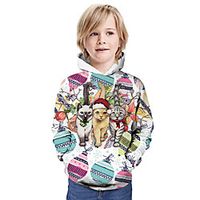 Kids Boys' Hoodie  Sweatshirt Long Sleeve Cat 3D Print Floral Christmas Animal Print White Children Tops Summer Active Daily Wear Christmas Regular Fit 3-13 Years miniinthebox - thumbnail