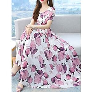 Women's Long Dress Maxi Dress Chiffon Dress Swing Dress Summer Dress Floral Fashion Mature Outdoor Daily Holiday Print Short Sleeve Crew Neck Dress Regular Fit Black White Summer Spring M L XL XXL 3XL Lightinthebox