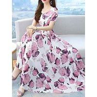 Women's Long Dress Maxi Dress Chiffon Dress Swing Dress Summer Dress Floral Fashion Mature Outdoor Daily Holiday Print Short Sleeve Crew Neck Dress Regular Fit Black White Summer Spring M L XL XXL 3XL Lightinthebox - thumbnail