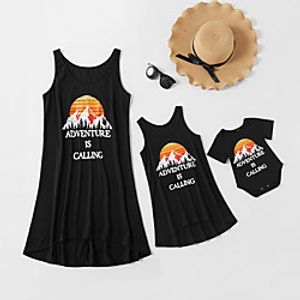 Family Look Dress Graphic Print Black Sleeveless Maxi Matching Outfits miniinthebox