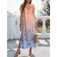 Women's T Shirt Dress Tee Dress Tribal Split V Neck Maxi Dress Elegant Vacation Short Sleeve Summer Lightinthebox