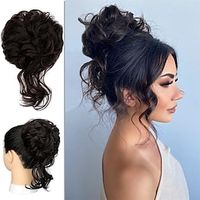 Messy Hair Bun Women Updo Ponytail Chignon Synthetic Curly Tousled Hairpieces with Wavy Tendrils Elastic Scrunchies Extensions Dark Brown Lightinthebox