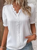 Solid Lace V Neck Short Sleeve Blouses