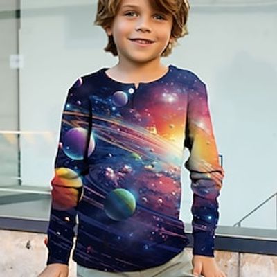 Boys 3D Galaxy Henley Shirt Long Sleeve 3D Print Spring Fall Sports Fashion Streetwear Polyester Kids 3-12 Years Crew Neck Outdoor Casual Daily Regular Fit Lightinthebox