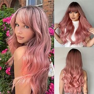 Ombre Pink Wigs With Bangs Long Wavy Wigs for Women Long Curly Wig With Dark Roots Natural Looking Heat Resistant Synthetic Wig for Daily Cosplay Party Use miniinthebox