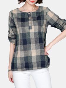 Plaid Print Side Split Button O-Neck Long Sleeve Tops